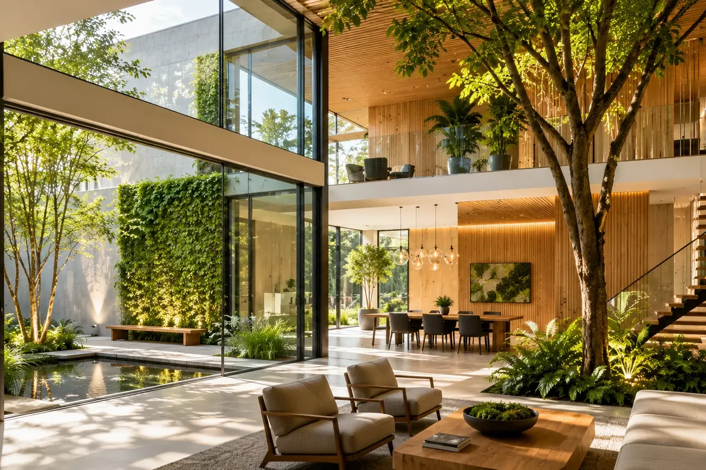 Wohnraum mit begrüntem Innenhof, Bild von der Website von ESA Architektur