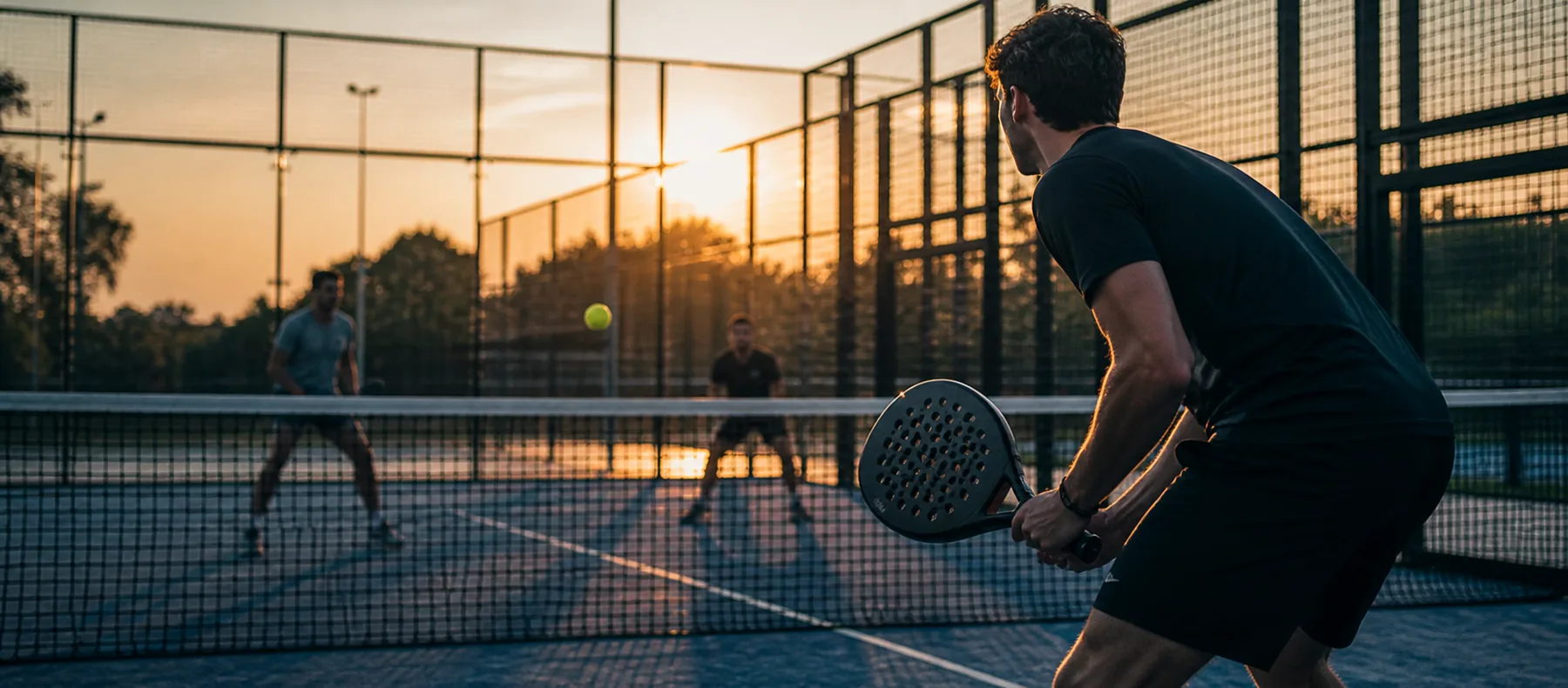 Padelspiel auf einem Außenplatz bei Sonnenuntergang