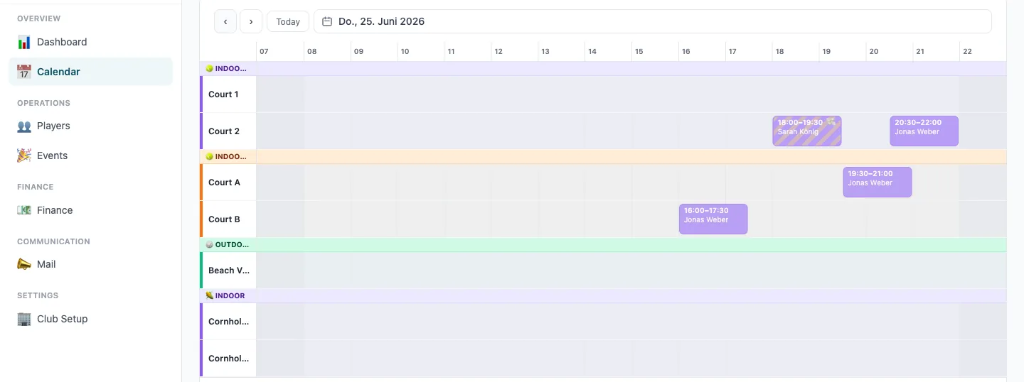 Booktivio Admin — Court-Kalender mit Live-Buchungen